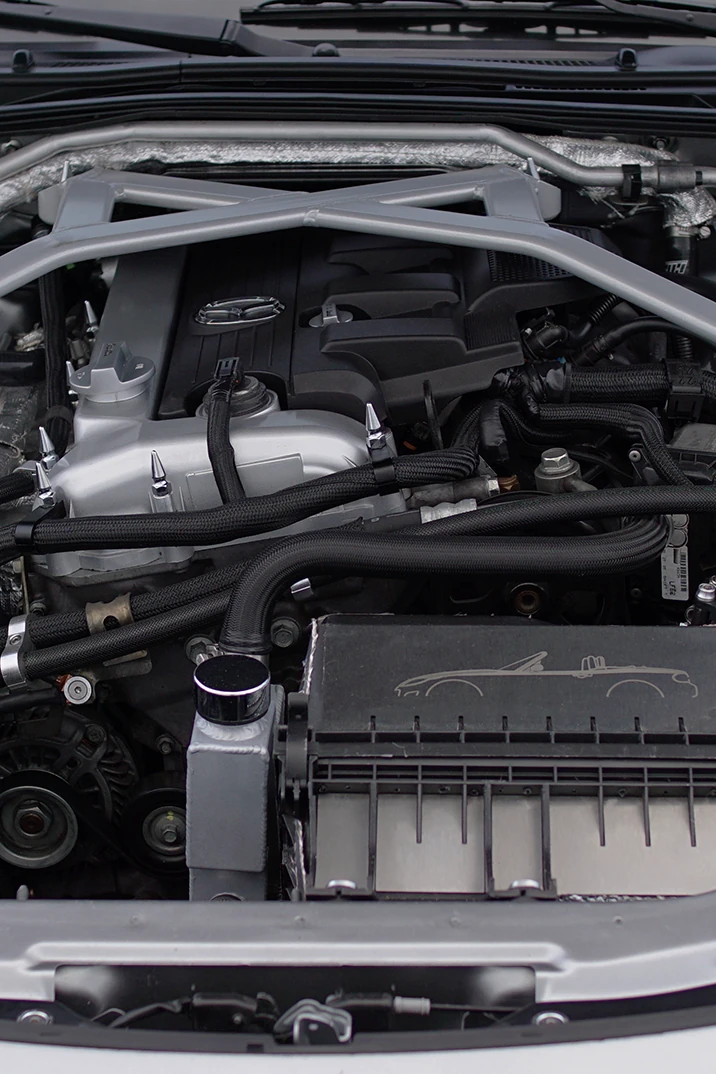 Engine bay of a performance build at RockService